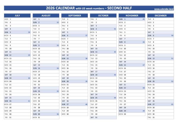 Second half year calendar 2026 with US week numbers