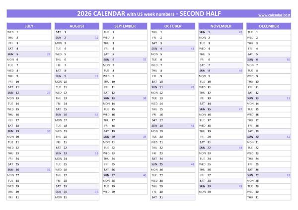 Second half year calendar 2026 with US week numbers