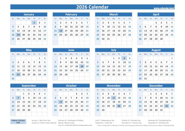 2026 calendar with holidays (US Federal Holidays) 2026 calendar with holidays (US Federal Holidays)