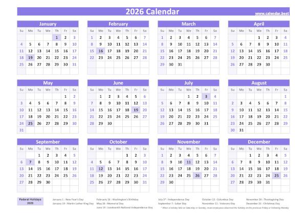 2026 calendar with holidays
