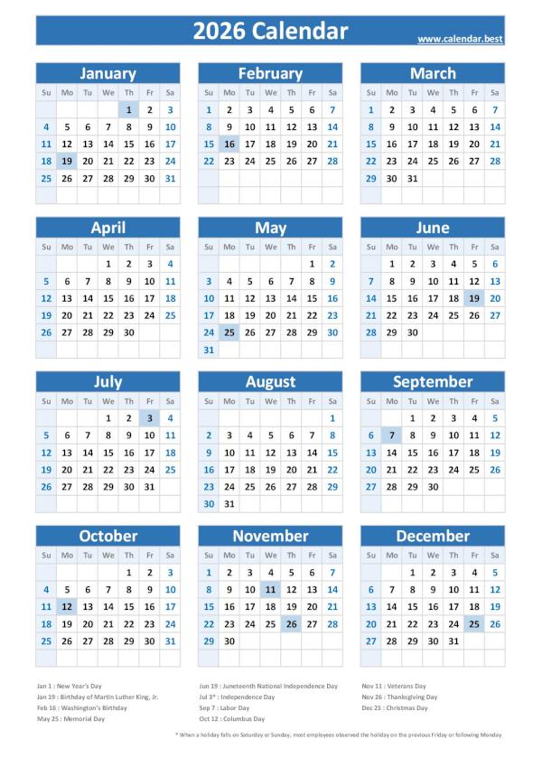 2026 calendar with holidays, blue template