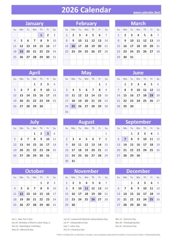 Printable 2026 calendar with holidays, free dowload in pdf or jpg, portrait format, purple template. 2026 calendar with holidays, purple template