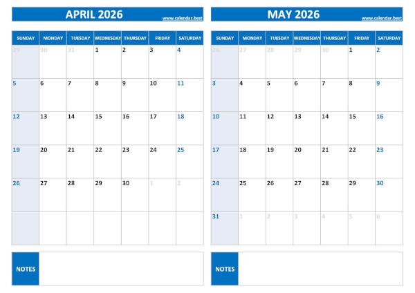 Free printable April and May 2026 blank calendar - landscape format, blue template, download as PDF or JPG April and May 2026 calendar, blank, A4 landscape, blue template