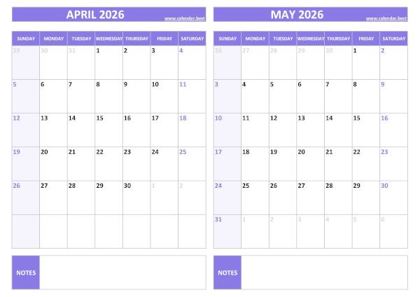 Free printable April and May 2026 blank calendar - landscape format, purple template, download as PDF or JPG April and May 2026 calendar, blank, A4 landscape, purple template