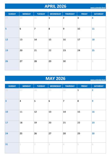 Free printable April and May 2026 blank calendar - portrait format, blue template, download as PDF or JPG April and May 2026 calendar, blank, A4 portrait, blue template
