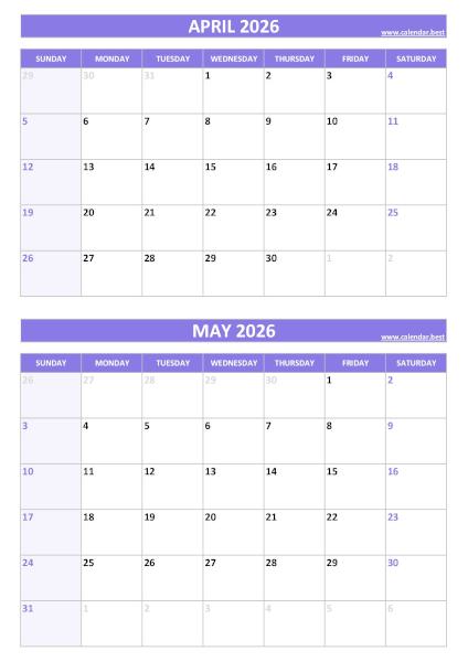 Free printable April and May 2026 blank calendar - portrait format, purple template, download as PDF or JPG April and May 2026 calendar, blank, A4 portrait, purple template