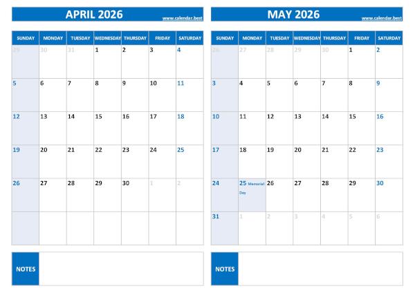 Free printable April and May 2026 calendar with US federal holidays, landscape format, blue template, download as PDF or JPG April and May 2026 calendar with US holidays, A4 landscape, blue template