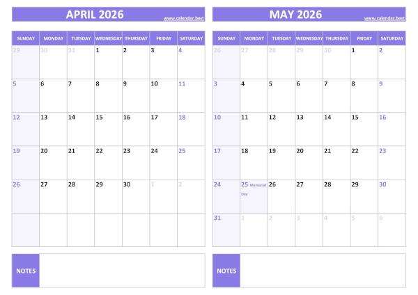 Free printable April and May 2026 calendar with US federal holidays, landscape format, purple template, download as PDF or JPG April and May 2026 calendar with US holidays, A4 landscape, purple template