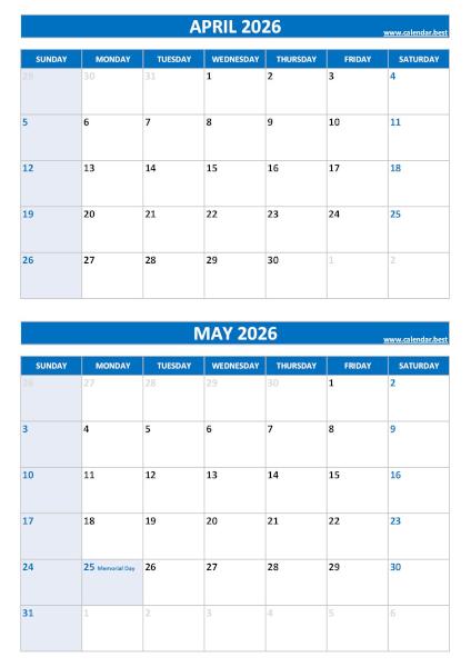 Free printable April and May 2026 calendar with US federal holidays, portrait format, blue template, download as PDF or JPG April and May 2026 calendar with US holidays, A4 portrait, blue template