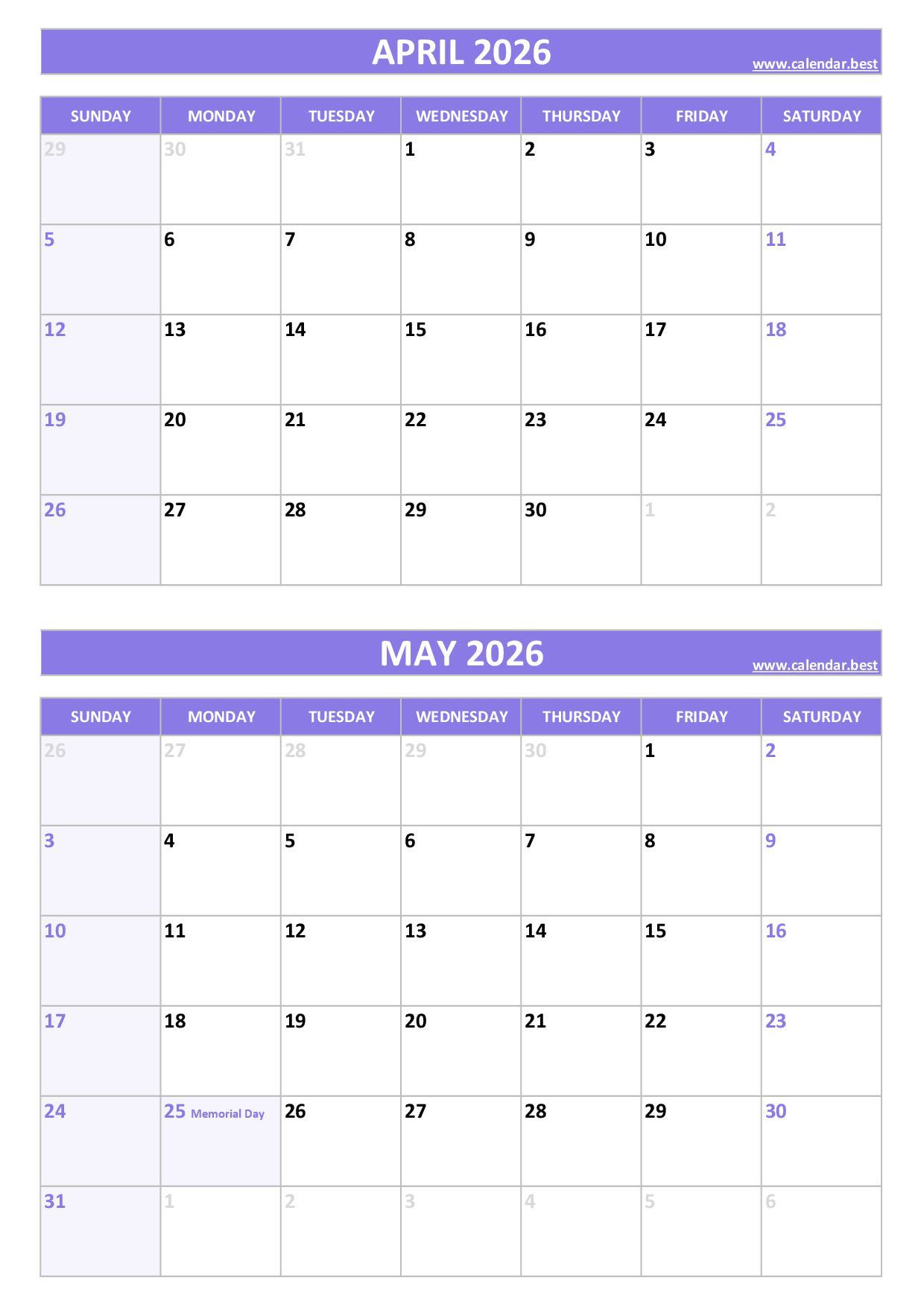 Free printable April and May 2026 calendar with US federal holidays, portrait format, purple template, download as PDF or JPG April and May 2026 calendar with US holidays, A4 portrait, purple template