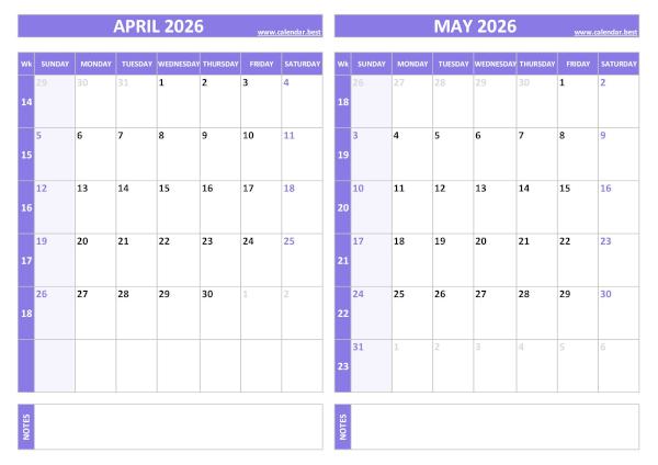 Free printable April and May 2026 calendar with US week layout, landscape format, purple template, download as PDF or JPG April and May 2026 calendar with week numbers, A4 landscape, purple template