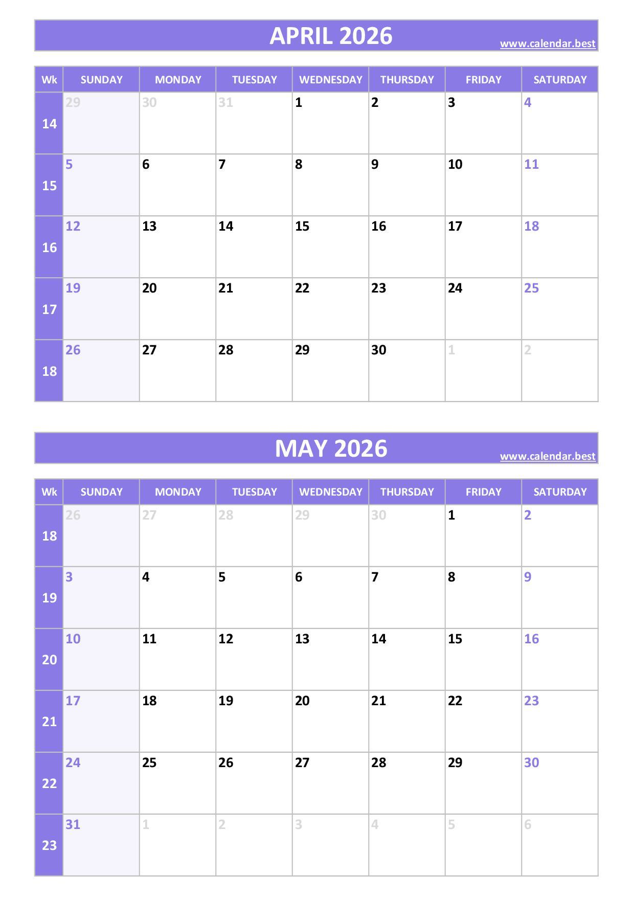 Free printable April and May 2026 calendar with US week layout, portrait format, purple template, download as PDF or JPG April and May 2026 calendar with week numbers, A4 portrait, purple template