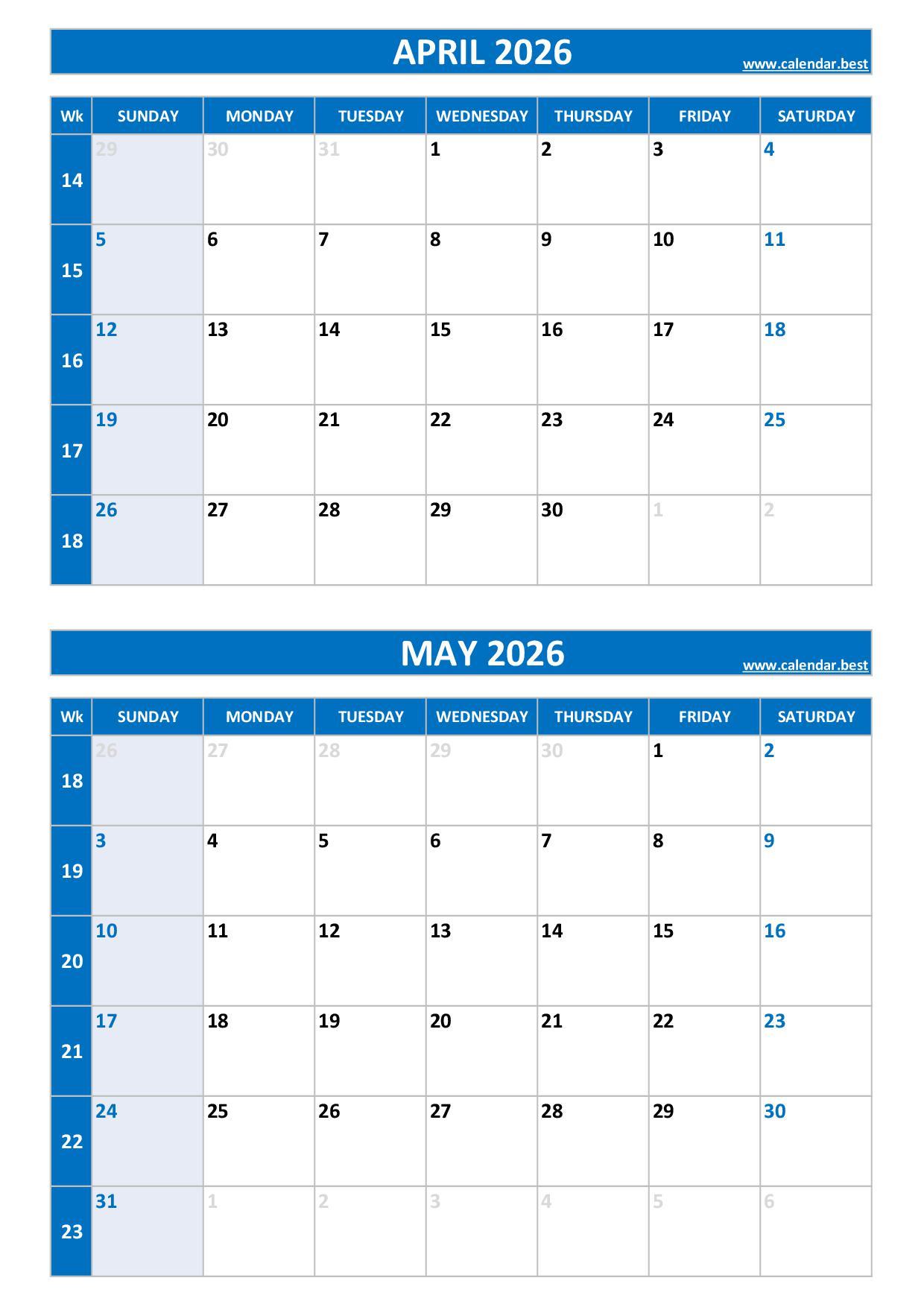 Free printable April and May 2026 calendar with US week layout, portrait format, blue template, download as PDF or JPG April and May 2026 calendar with week numbers, A4 portrait, blue template