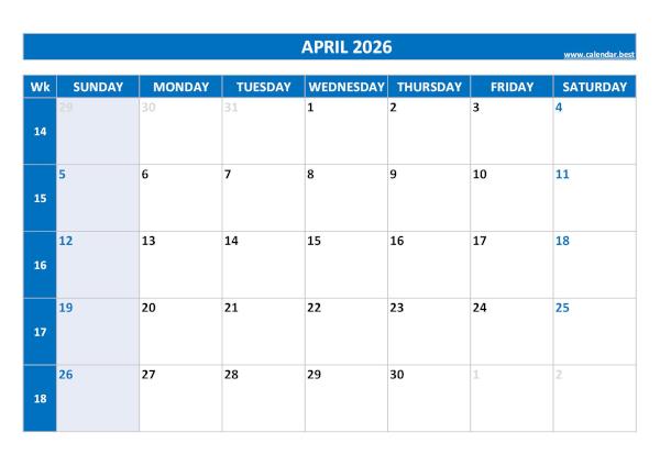 April 2026 calendar printable with week numbers, free download, blue template April calendar 2026 with week numbers