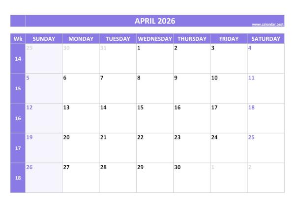 April calendar 2026 with week numbers
