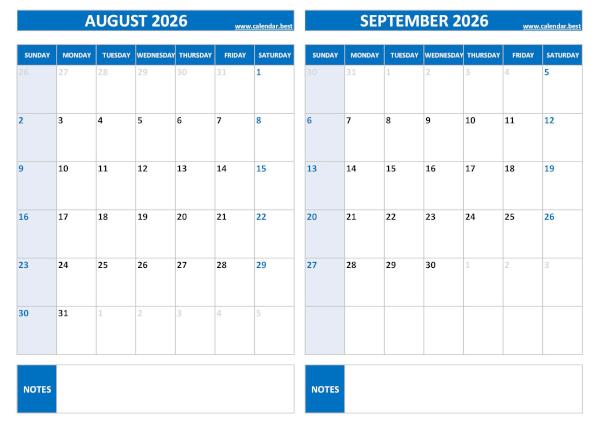 Free printable August and September 2026 blank calendar - landscape format, blue template, download as PDF or JPG August and September 2026 calendar, blank, A4 landscape, blue template