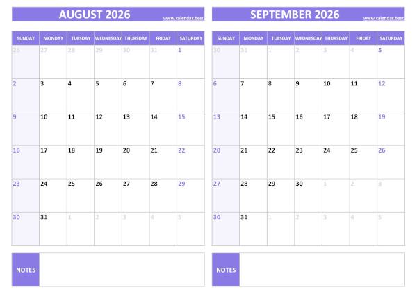Free printable August and September 2026 blank calendar - landscape format, purple template, download as PDF or JPG August and September 2026 calendar, blank, A4 landscape, purple template