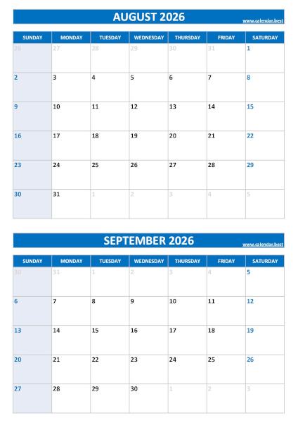 Free printable August and September 2026 blank calendar - portrait format, blue template, download as PDF or JPG August and September 2026 calendar, blank, A4 portrait, blue template