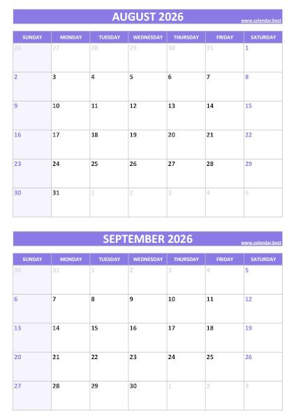 Free printable August and September 2026 blank calendar - portrait format, purple template, download as PDF or JPG August and September 2026 calendar, blank, A4 portrait, purple template