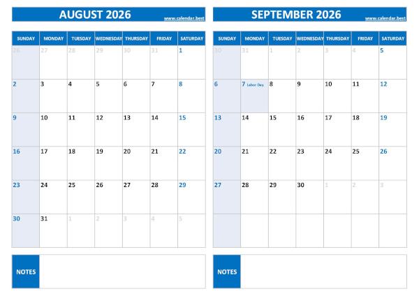 Free printable August and September 2026 calendar with US federal holidays, landscape format, blue template, download as PDF or JPG August and September 2026 calendar with US holidays, A4 landscape, blue template