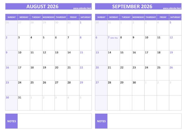 Free printable August and September 2026 calendar with US federal holidays, landscape format, purple template, download as PDF or JPG August and September 2026 calendar with US holidays, A4 landscape, purple template