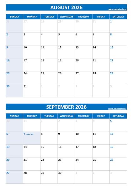 Free printable August and September 2026 calendar with US federal holidays, portrait format, blue template, download as PDF or JPG August and September 2026 calendar with US holidays, A4 portrait, blue template