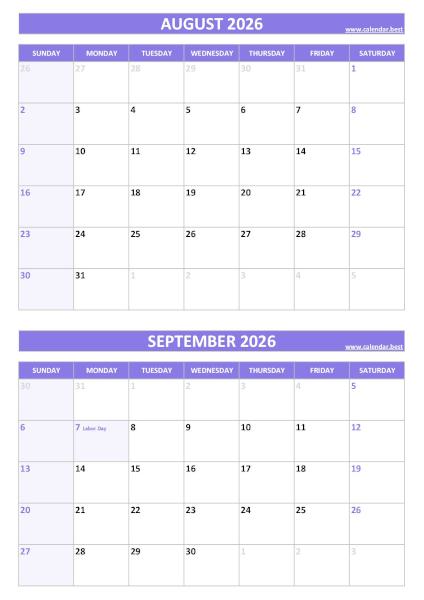 Free printable August and September 2026 calendar with US federal holidays, portrait format, purple template, download as PDF or JPG August and September 2026 calendar with US holidays, A4 portrait, purple template