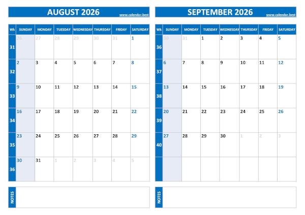 Free printable August and September 2026 calendar with US week layout, landscape format, blue template, download as PDF or JPG August and September 2026 calendar with week numbers, A4 landscape, blue template