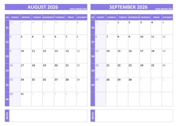 Free printable August and September 2026 calendar with US week layout, landscape format, purple template, download as PDF or JPG August and September 2026 calendar with week numbers, A4 landscape, purple template