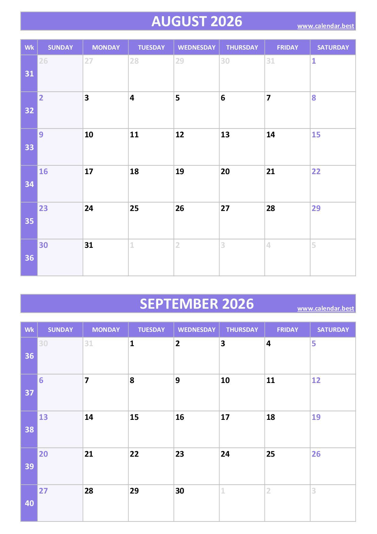 Free printable August and September 2026 calendar with US week layout, portrait format, purple template, download as PDF or JPG August and September 2026 calendar with week numbers, A4 portrait, purple template