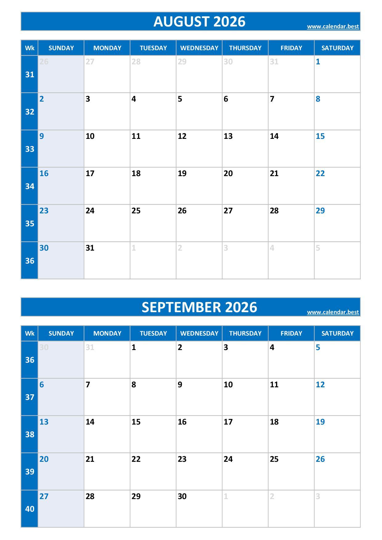 Free printable August and September 2026 calendar with US week layout, portrait format, blue template, download as PDF or JPG August and September 2026 calendar with week numbers, A4 portrait, blue template