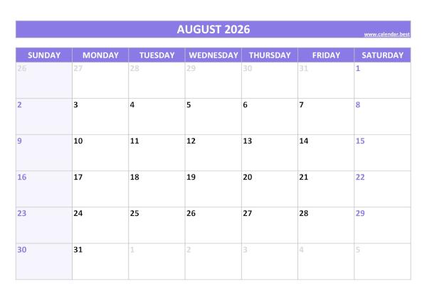 Blank monthly calendar : August 2026