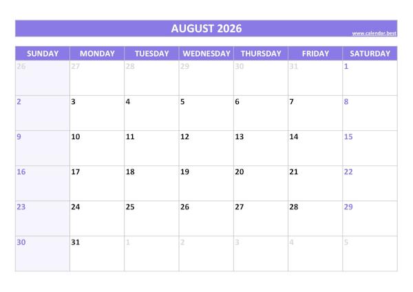 Monthly calendar printable, August 2026, purple template Blank monthly calendar : August 2026