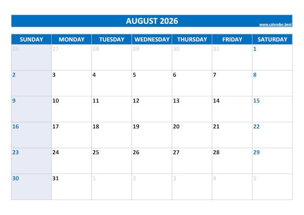 August 2026 calendar printable with federal holidays, free download, blue template August calendar 2026 with holidays