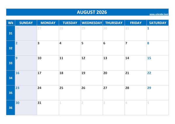 August 2026 calendar printable with week numbers, free download, blue template August calendar 2026 with week numbers