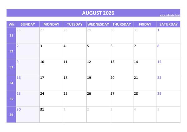 August 2026 calendar printable with week numbers, free download, purple template August calendar 2026 with week numbers