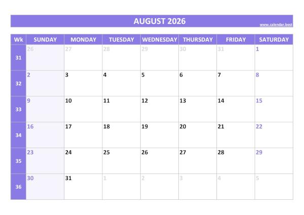 August 2026 calendar with weeks