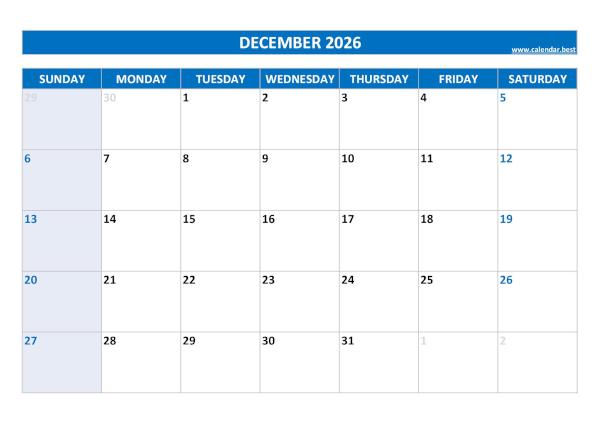 December 2026 calendar printable, free download, blue template December calendar 2026