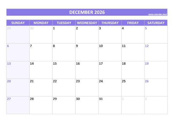 Blank monthly calendar : December 2026