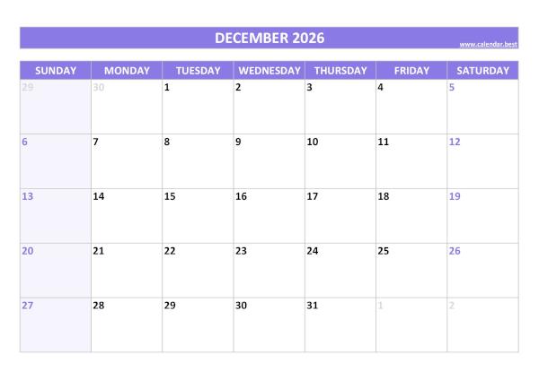 Monthly calendar printable, December 2026, purple template Blank monthly calendar : December 2026