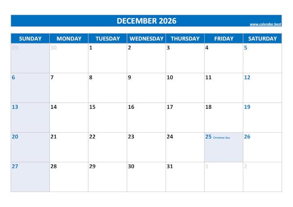 December calendar 2026 with holidays