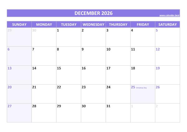 Printable monthly calendar with holidays, Month of december 2026, purple template december 2026 calendar with holidays