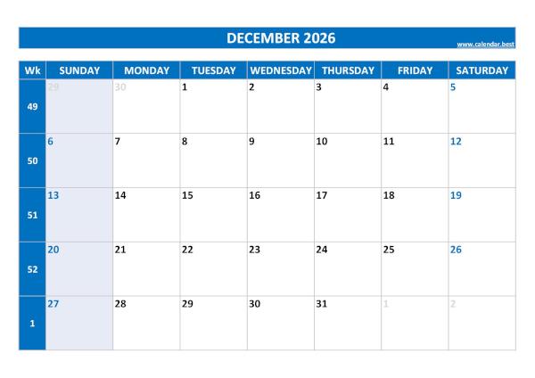 December calendar 2026 with week numbers