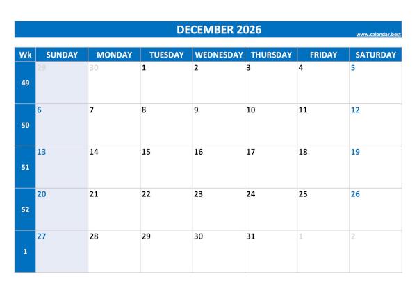 December 2026 calendar printable with week numbers, free download, blue template December calendar 2026 with week numbers
