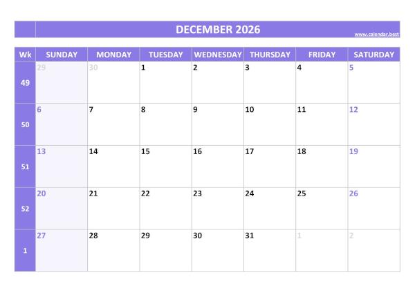 December calendar 2026 with week numbers