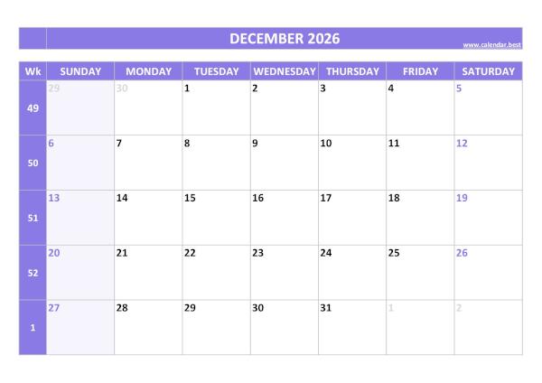 December 2026 calendar printable with week numbers, free download, purple template December calendar 2026 with week numbers
