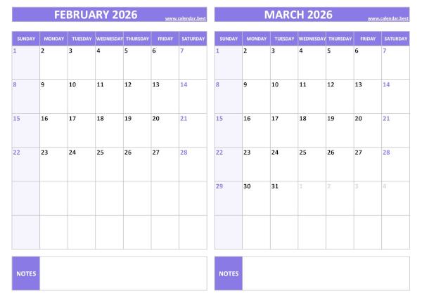 February and March 2026 calendar, blank, A4 landscape, purple template