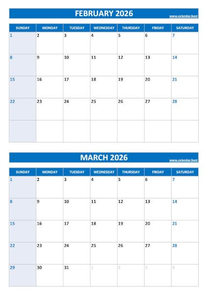 February and March 2026 calendar, blank, A4 portrait, blue template