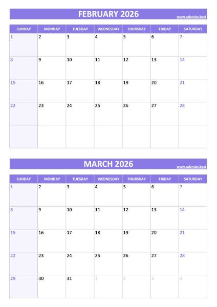 February and March 2026 calendar, blank, A4 portrait, purple template