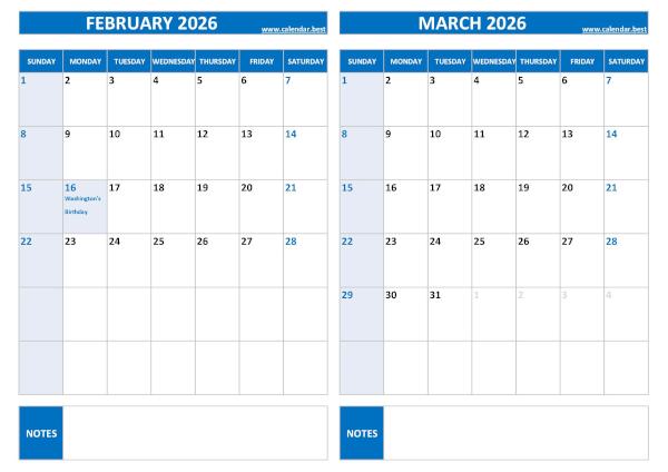 February and March 2026 calendar with US holidays, A4 landscape, blue template